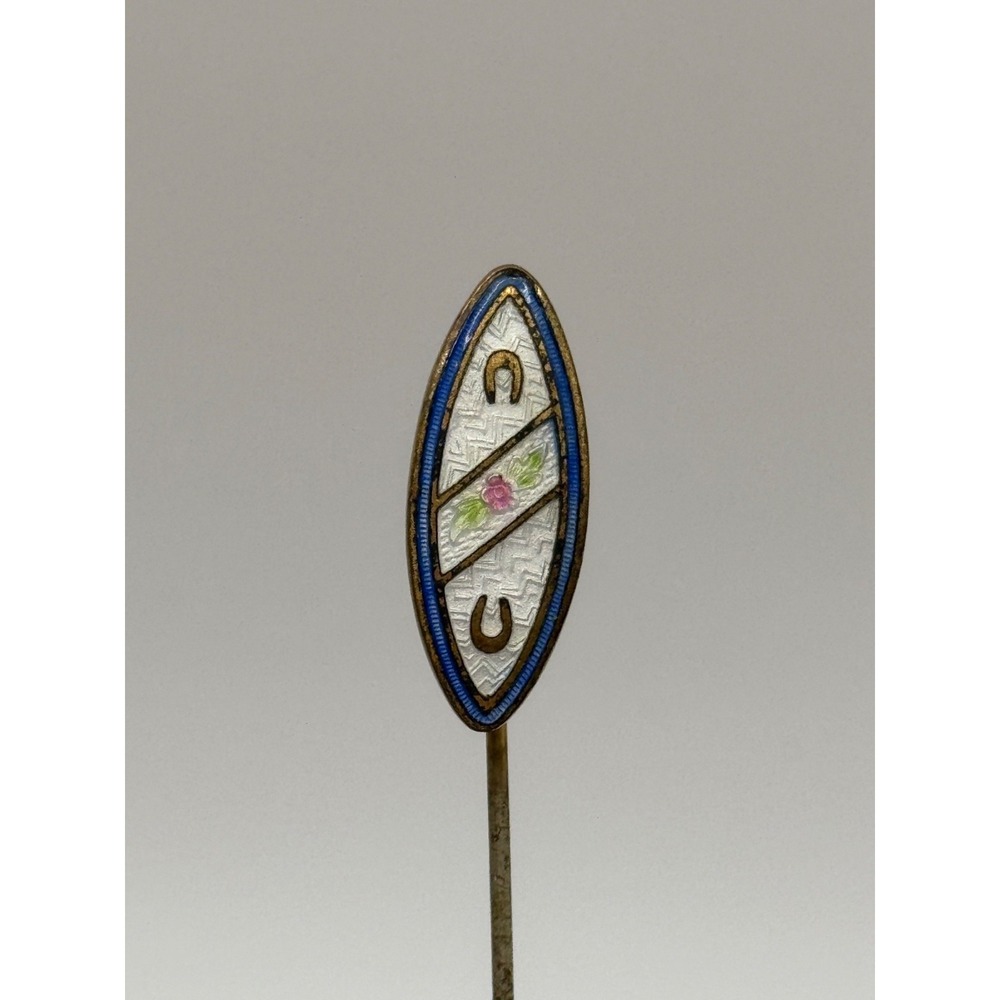 Antique Guilloche Enamel Horseshoe Flower Lapel Stick Pin